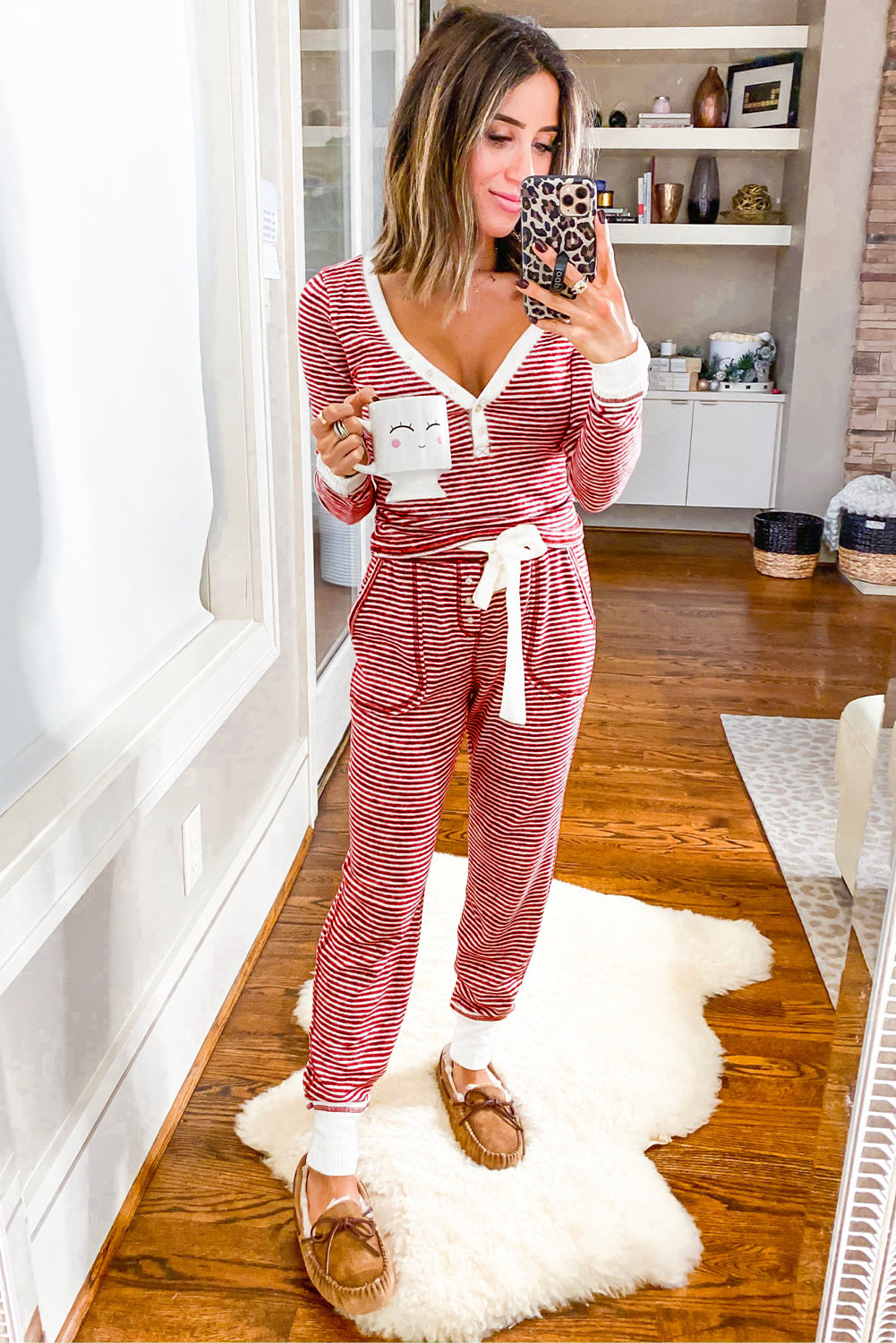 Red Striped Button Top and Knotted Waist Pants Lounge Set