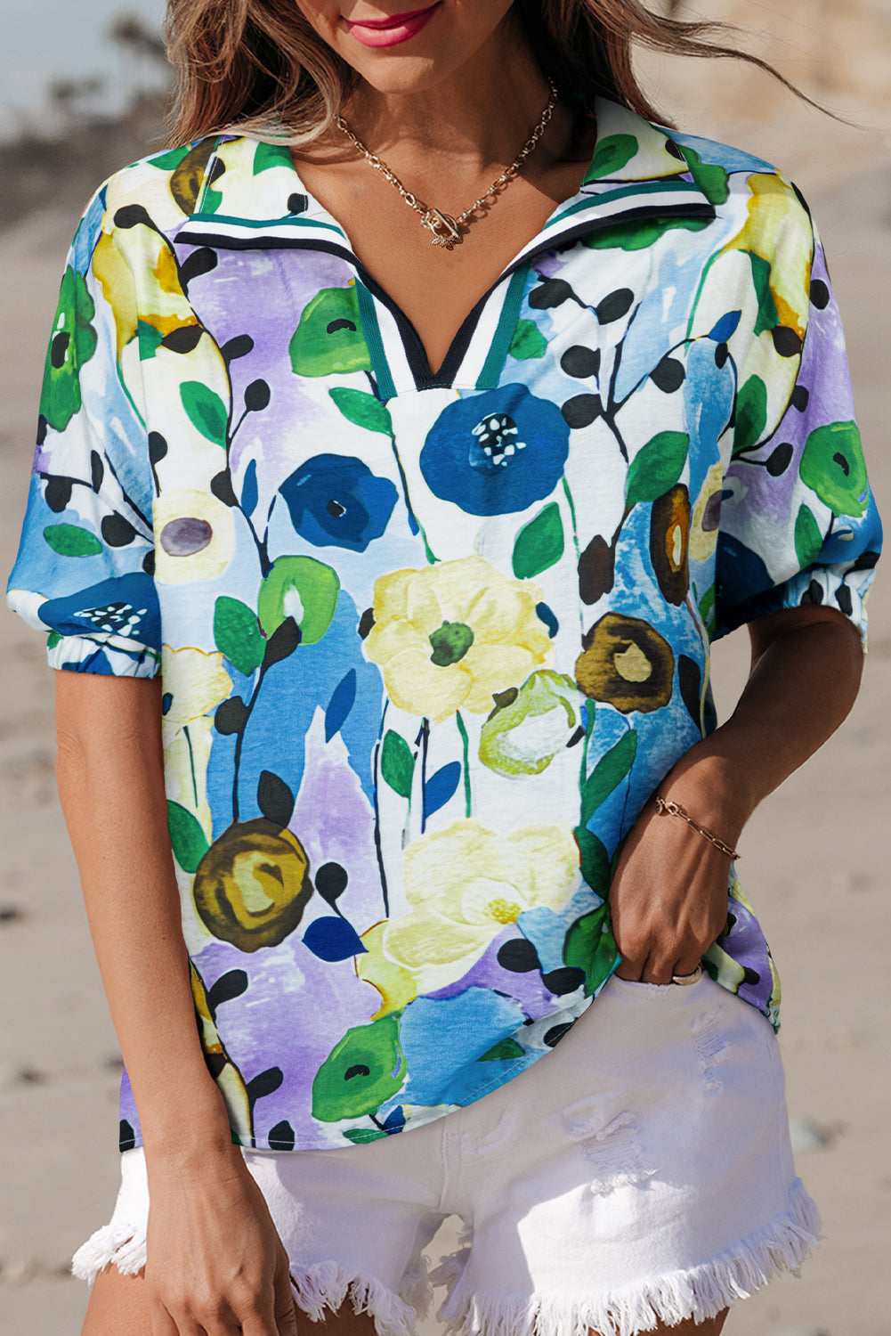 Peacock Blue Floral Print Slit V Neck Short Sleeve Blouse