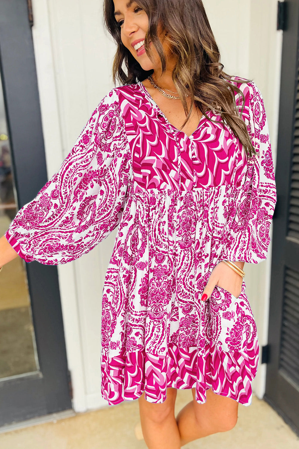 Orange Bohemian Print Puff Sleeve Tied V Neck Flared Mini Dress