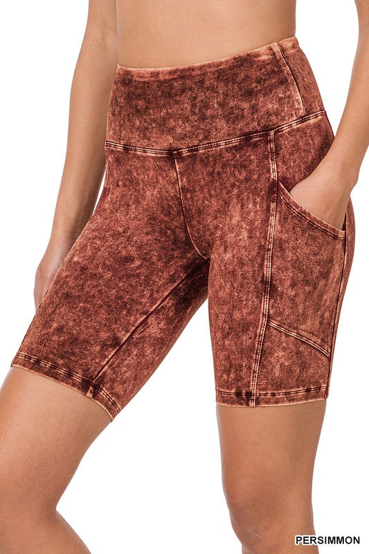 Zenana Mineral Wash Wide Waistband Pocket Leggings