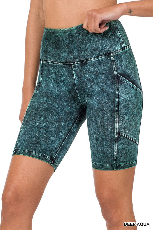 Zenana Mineral Wash Wide Waistband Pocket Leggings