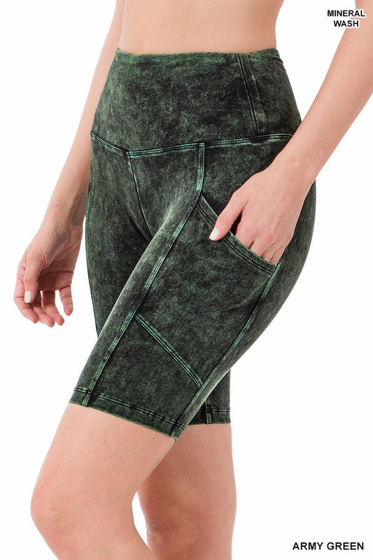 Zenana Mineral Wash Wide Waistband Pocket Leggings