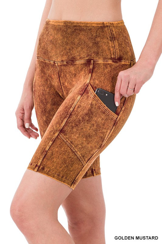 Zenana Mineral Wash Wide Waistband Pocket Leggings