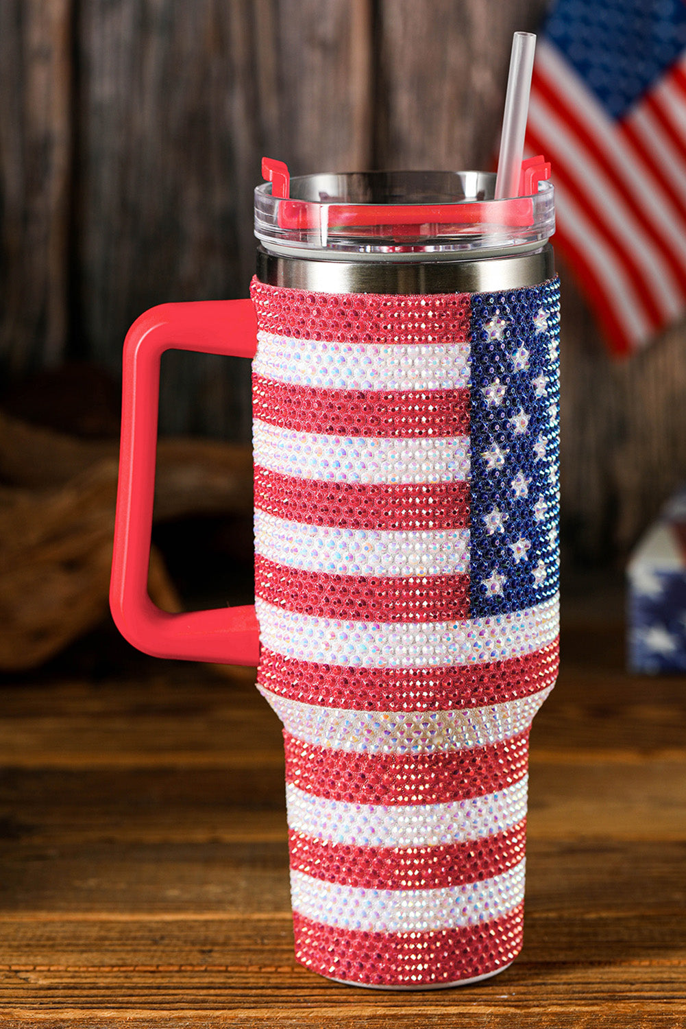 Rhinestone American Flag Print 40oz Thermos Tumbler