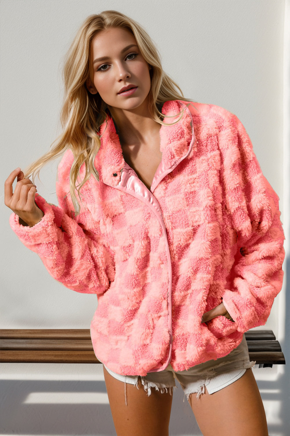 Fuzzy Checkered Patterned Jacket