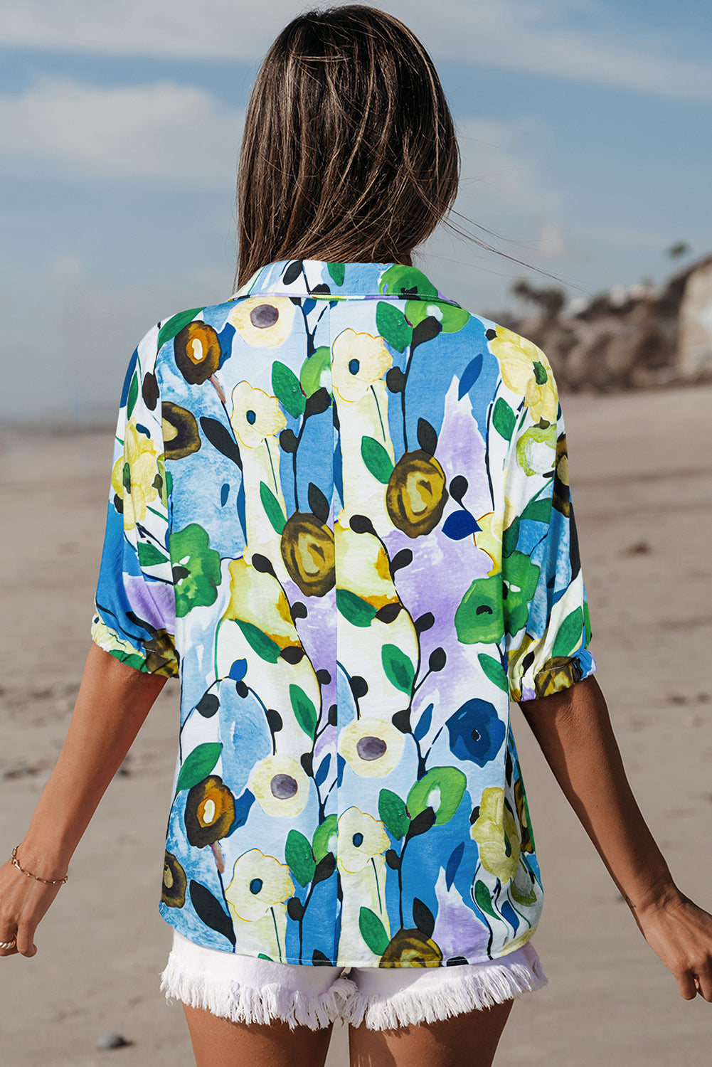 Peacock Blue Floral Print Slit V Neck Short Sleeve Blouse