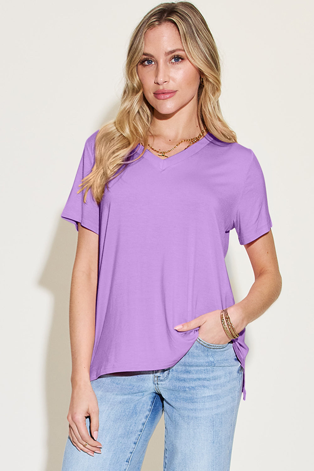 Basic Bae Bamboo V-Neck High-Low T-Shirt (S-3XL)