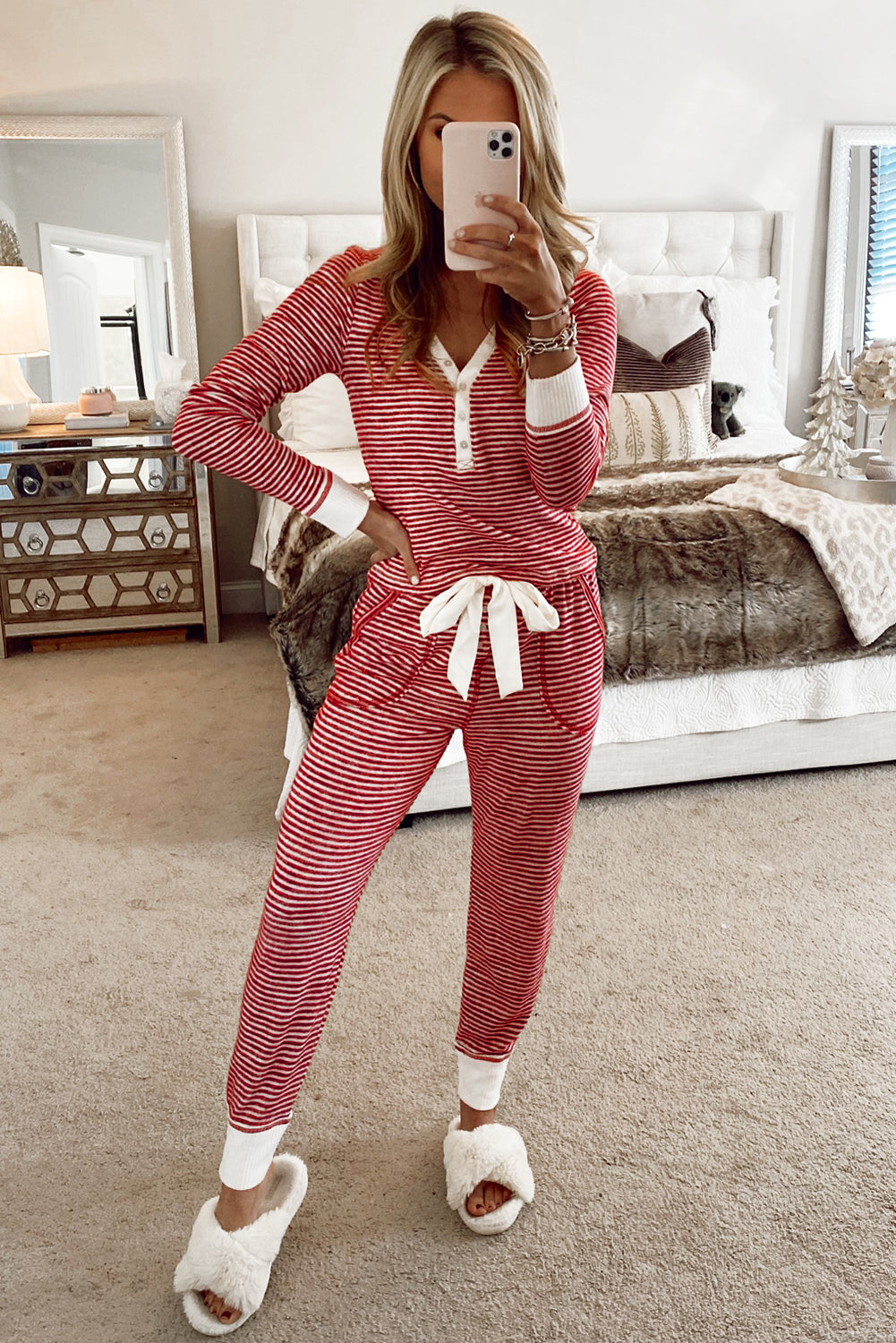 Red Striped Button Top and Knotted Waist Pants Lounge Set