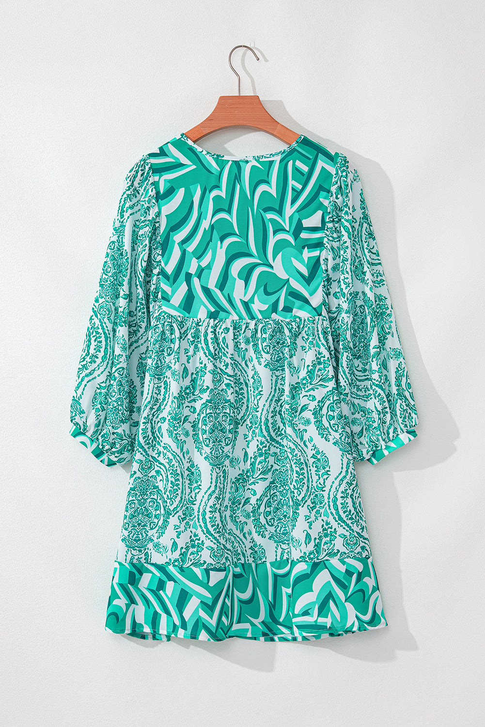Orange Bohemian Print Puff Sleeve Tied V Neck Flared Mini Dress