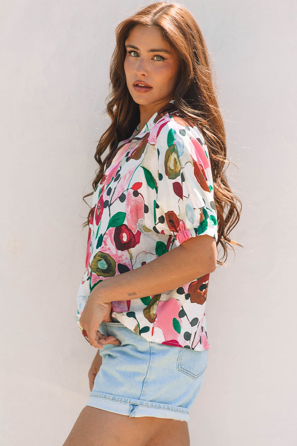 Peacock Blue Floral Print Slit V Neck Short Sleeve Blouse