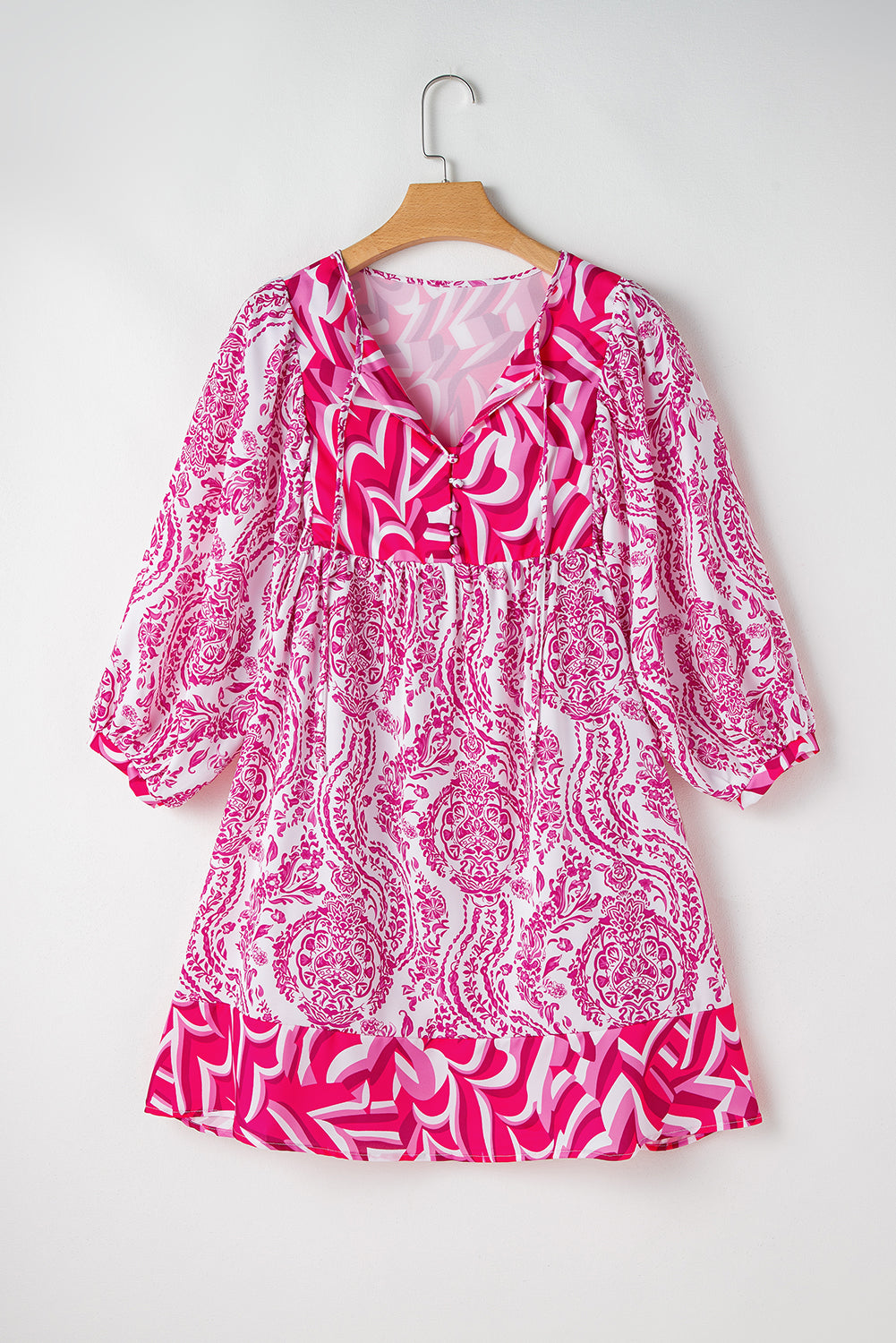 Orange Bohemian Print Puff Sleeve Tied V Neck Flared Mini Dress