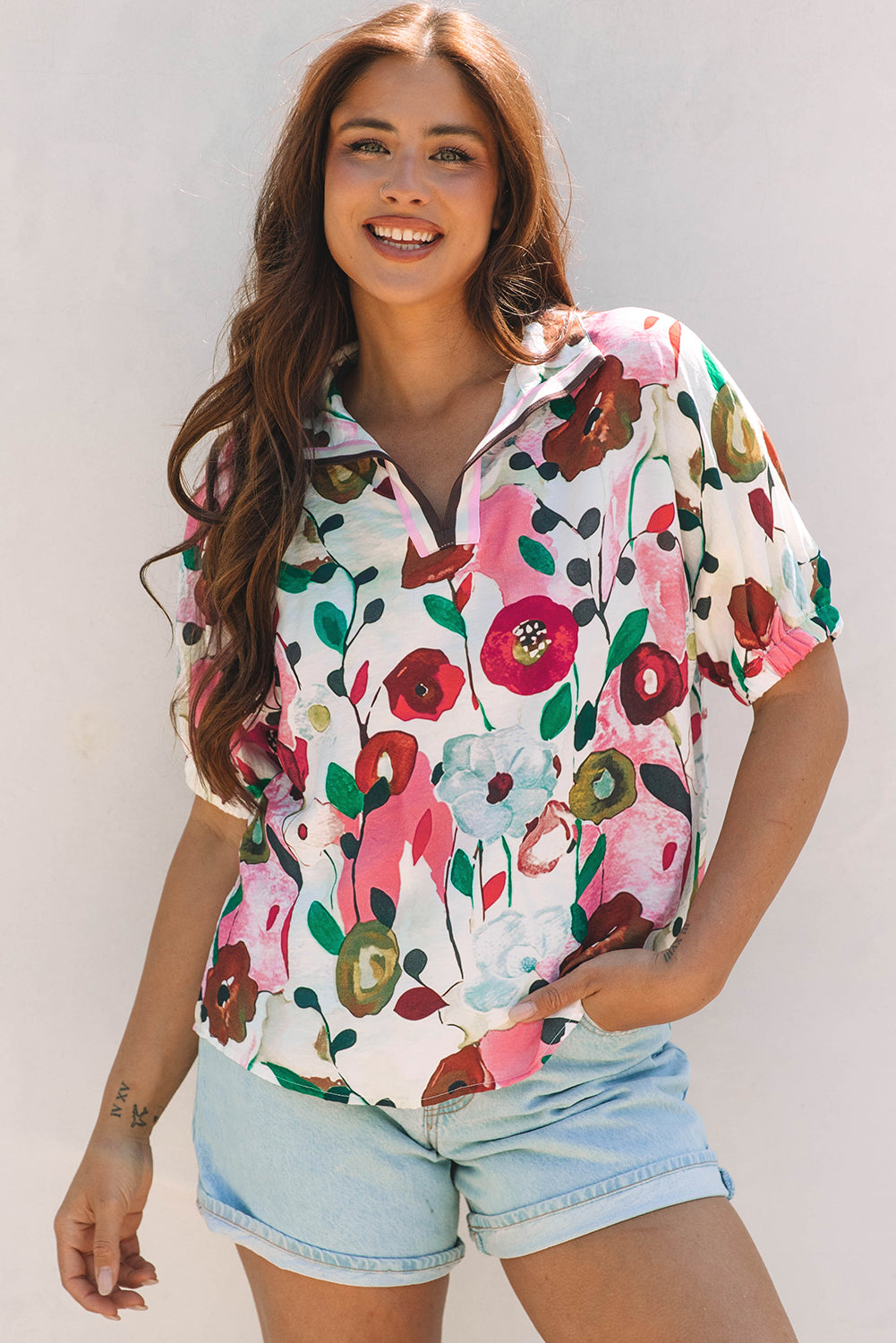 Peacock Blue Floral Print Slit V Neck Short Sleeve Blouse