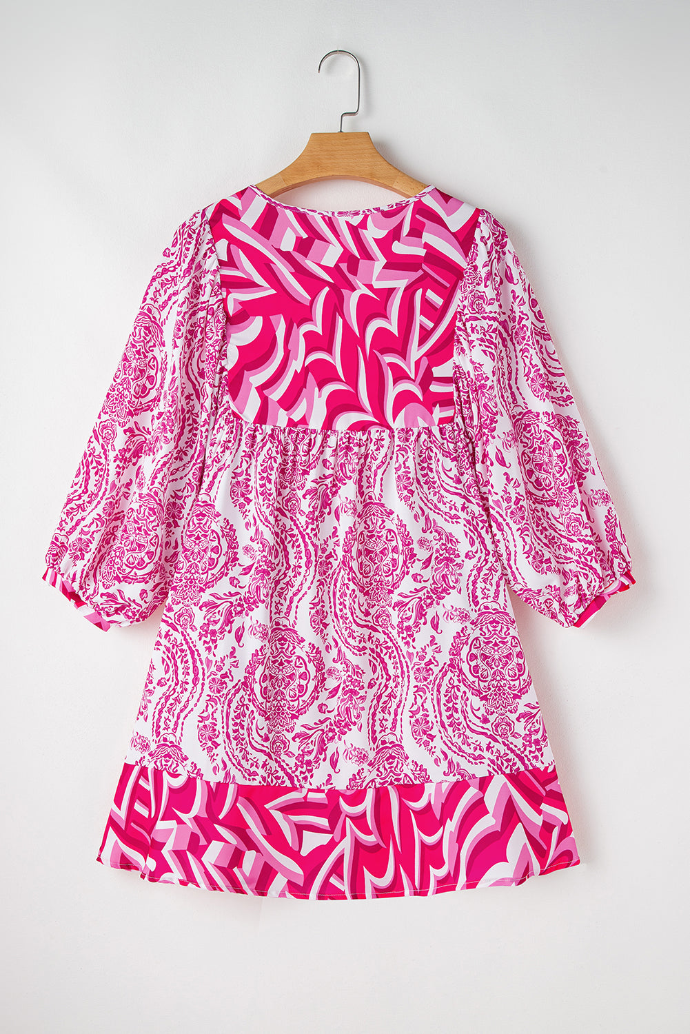 Orange Bohemian Print Puff Sleeve Tied V Neck Flared Mini Dress