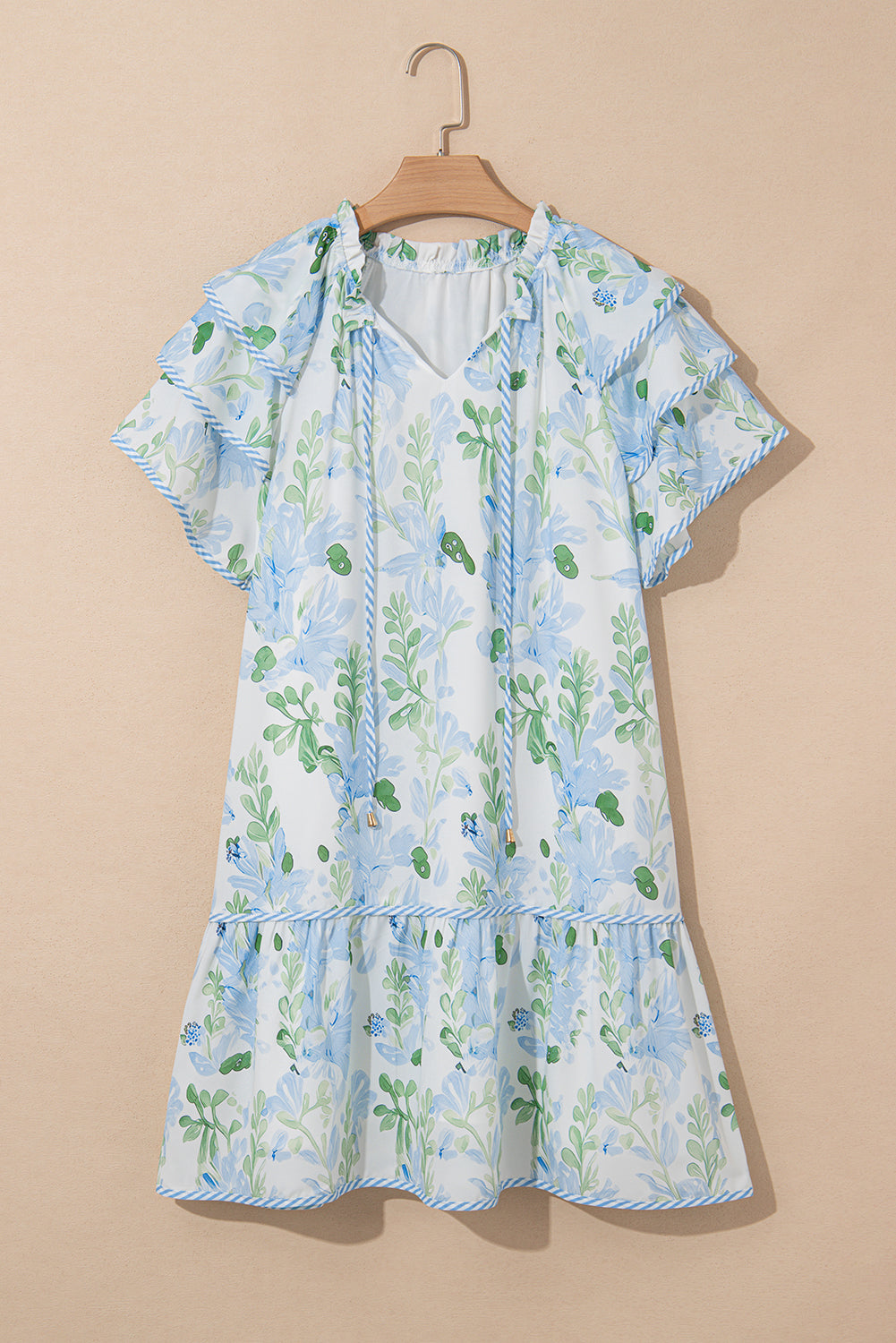 Pink Floral Contrast Edge Layered Short Sleeve Mini Dress