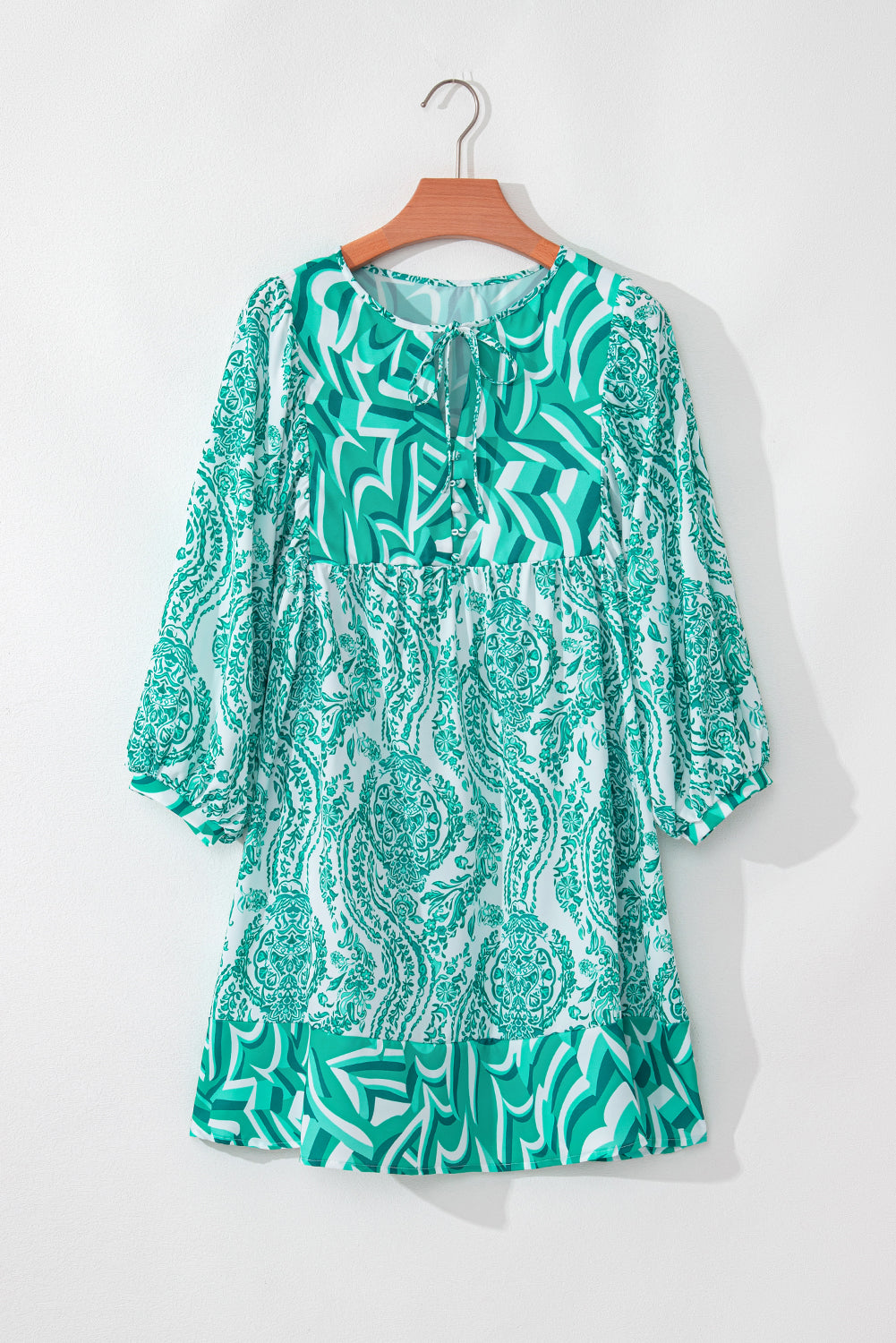 Orange Bohemian Print Puff Sleeve Tied V Neck Flared Mini Dress