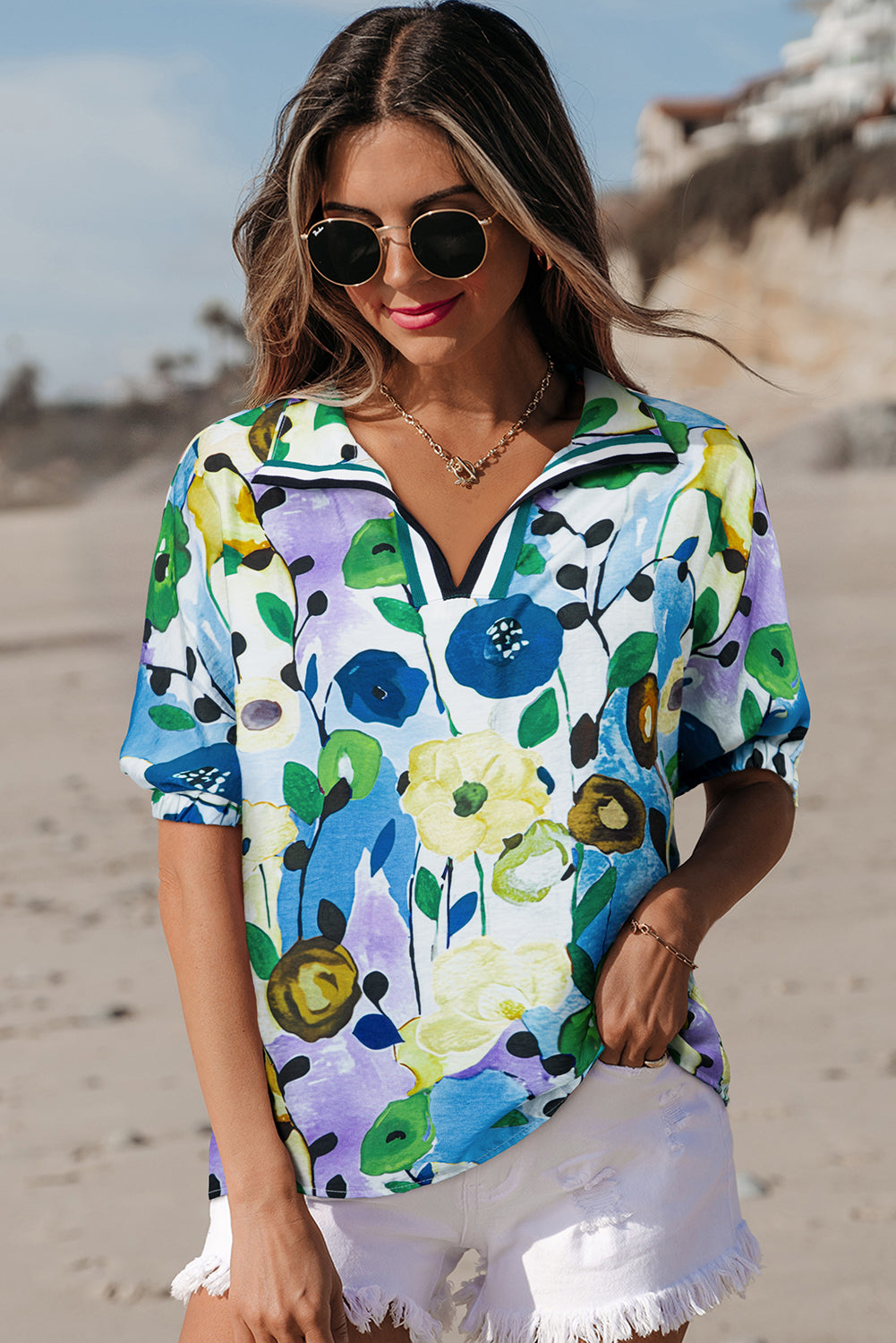 Peacock Blue Floral Print Slit V Neck Short Sleeve Blouse