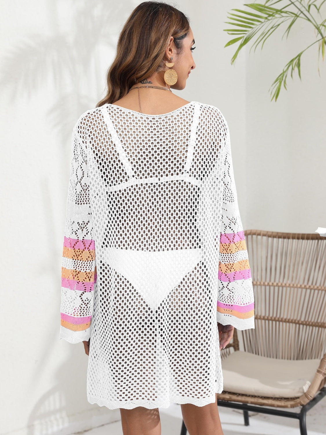 Openwork Contrast Long Sleeve Swimsuit Cover-Up