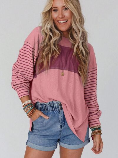 Striped Long Sleeve Slit Tee