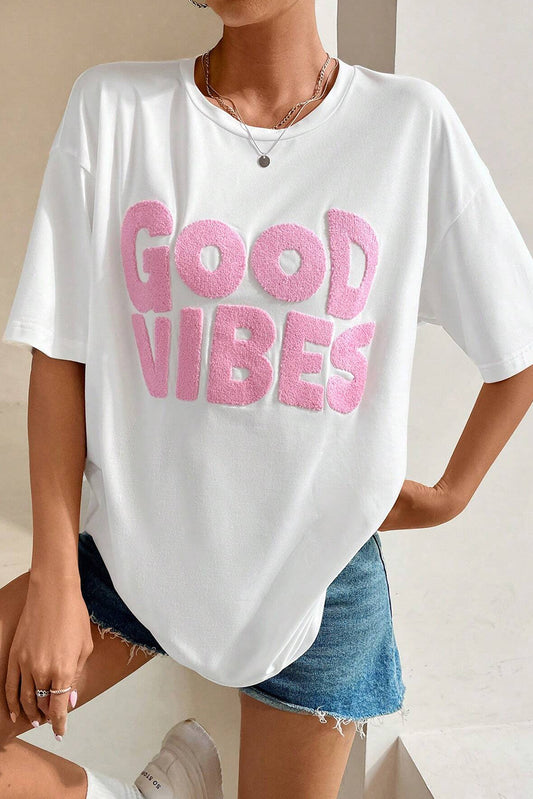 GOOD VIBES Chenille Embroidered Crewneck T Shirt