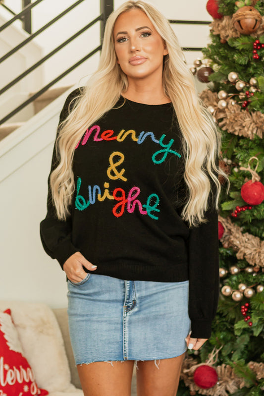 Colorful "Merry & Bright" Tinsel Graphic Sweater