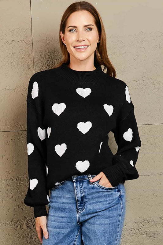 Embroidered Heart Pattern Lantern Sleeve Tunic Sweater