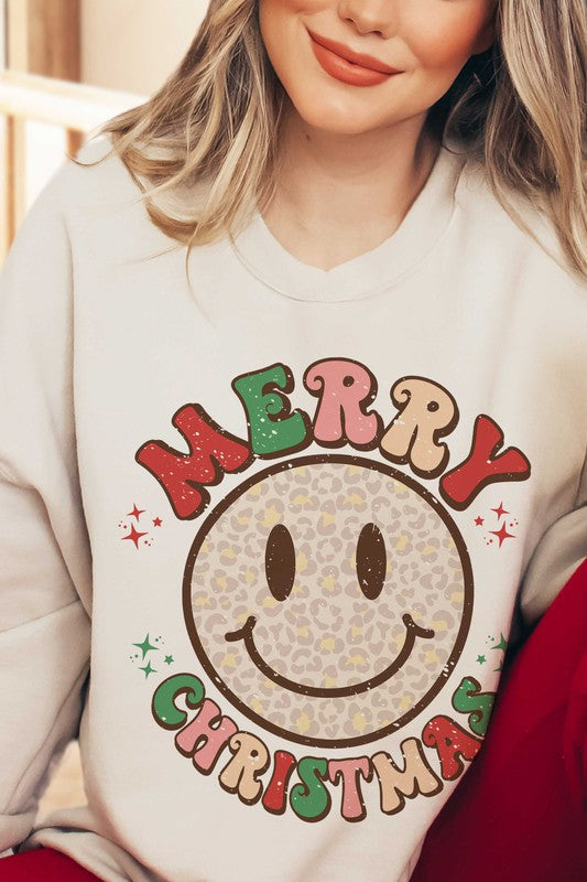 Merry Christmas Leopard Happy Face Print Sweatshirt