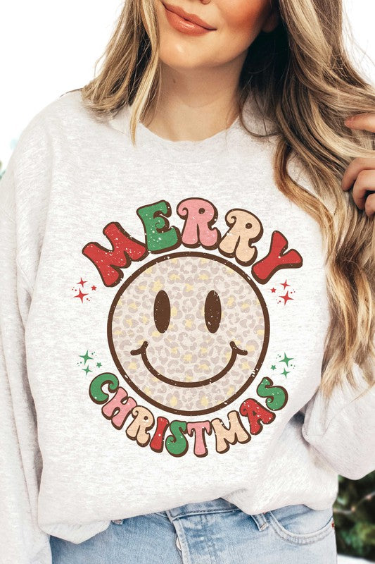 Merry Christmas Leopard Happy Face Print Sweatshirt