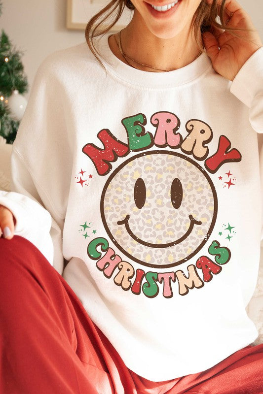 Merry Christmas Leopard Happy Face Print Sweatshirt