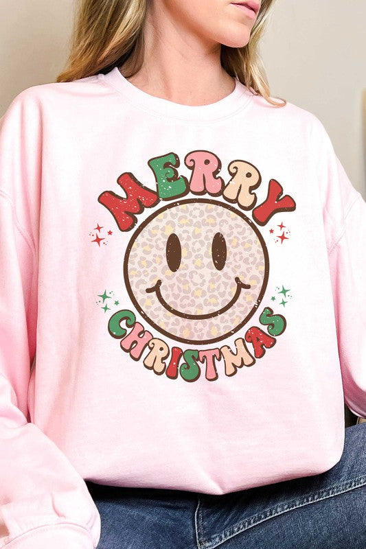 Merry Christmas Leopard Happy Face Print Sweatshirt