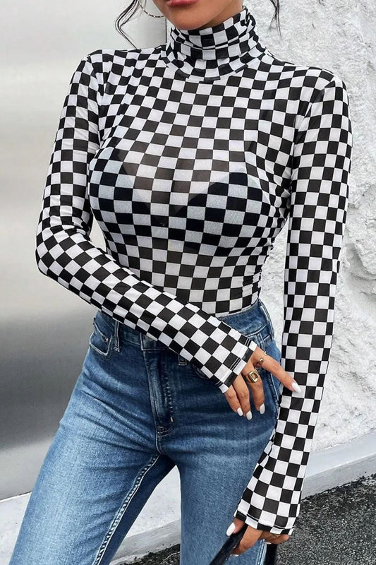 Checkered Turtleneck Bodysuit