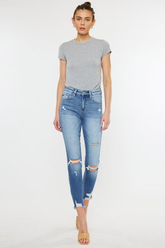 Kan Can High Rise Fray Hem Ankle Skinny Jeans