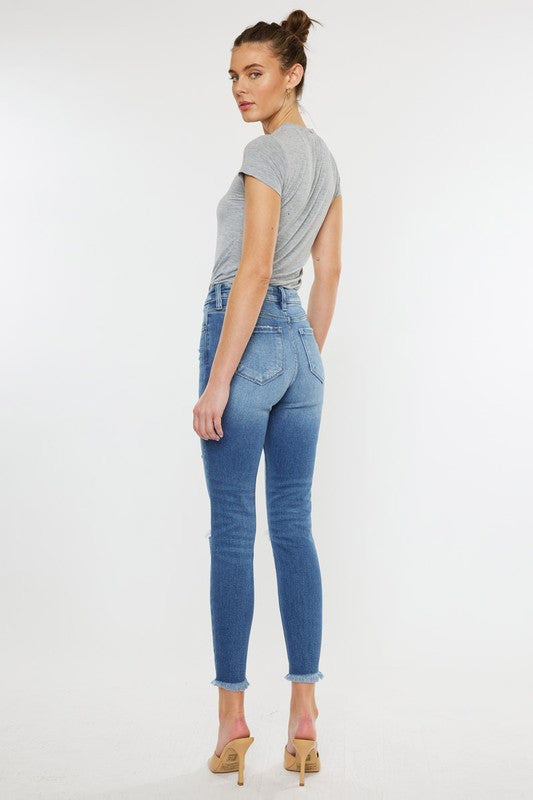 Kan Can High Rise Fray Hem Ankle Skinny Jeans