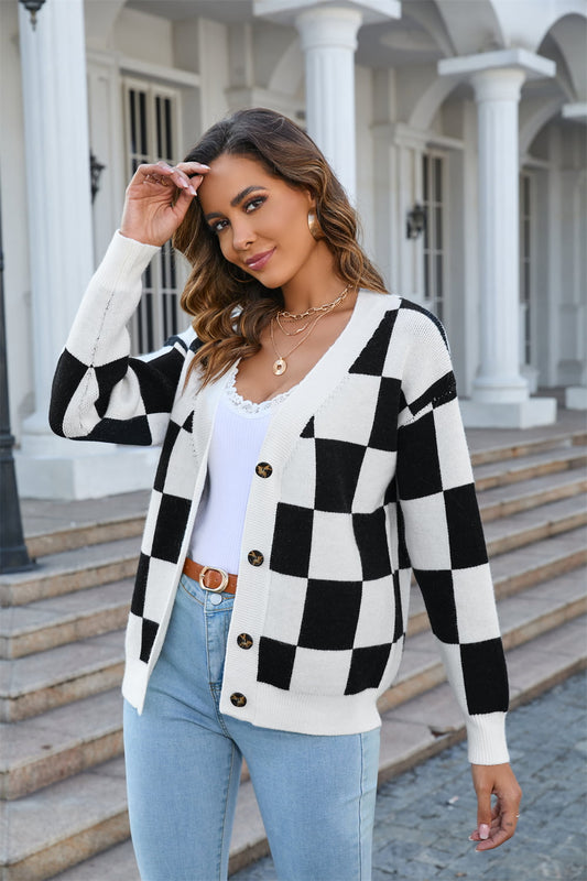 Button-Up Checkered Cardigan