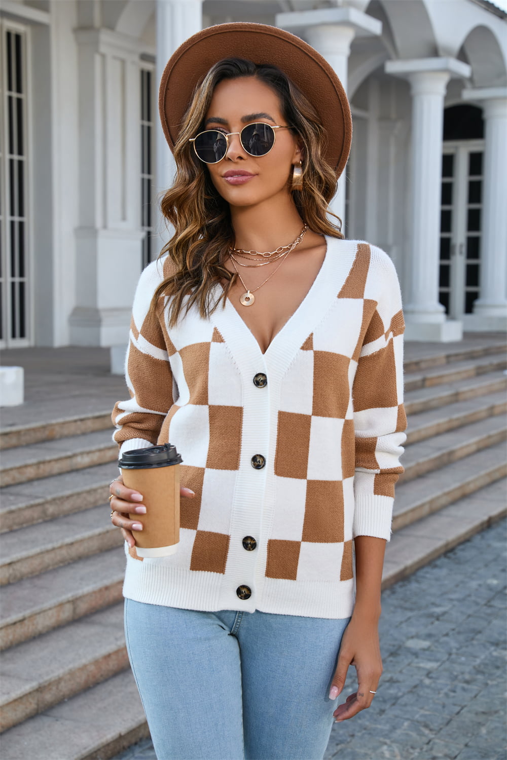 Button-Up Checkered Cardigan