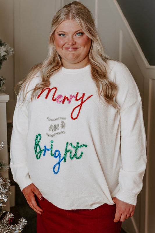 "Merry and Bright" Tinsel Graphic Christmas Sweater (Plus)