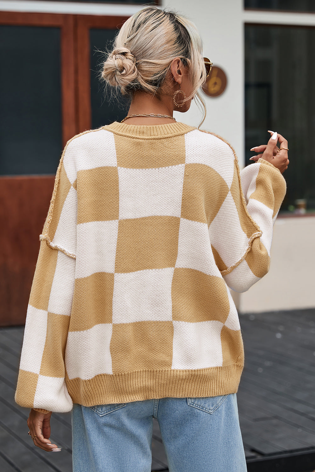 Khaki Checkered Bishop Sleeve Sweater