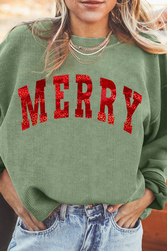 "MERRY" Letter Printed Corded Baggy Sweatshirt