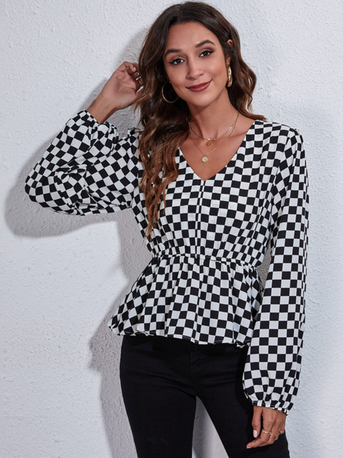 Checkered Balloon Sleeved Peplum Blouse