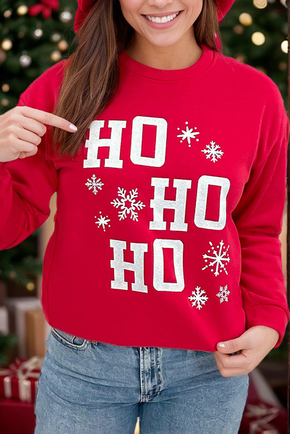 "Ho Ho Ho" Graphic Holiday Sweatshirt (Plus)