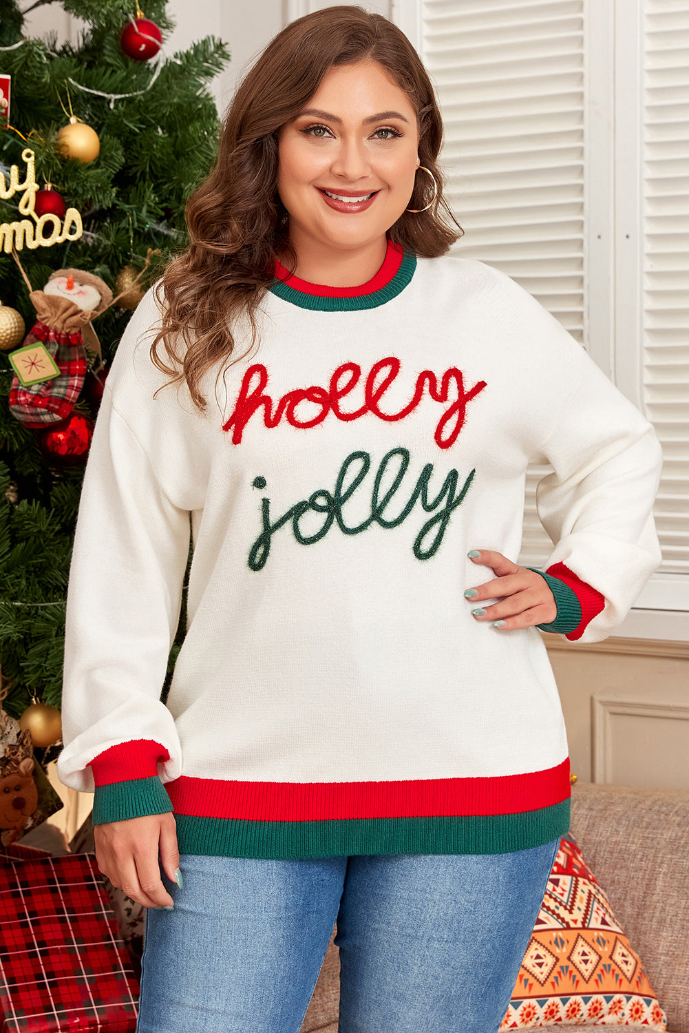 "Holly Jolly" Tinsel  Pattern Colorblock Edge Holiday Sweater (Plus)