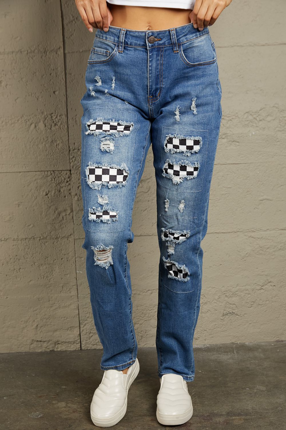 Checkered Patchwork Mid Waist Distressed Jeans