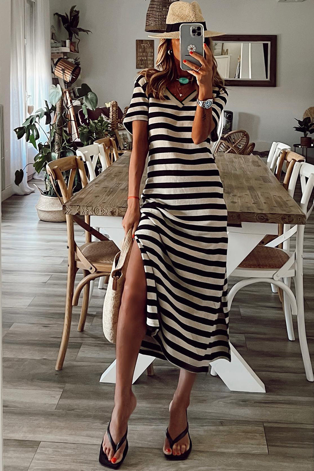 Striped Print V Neck Maxi Dress with Side Splits (Black/Blue)