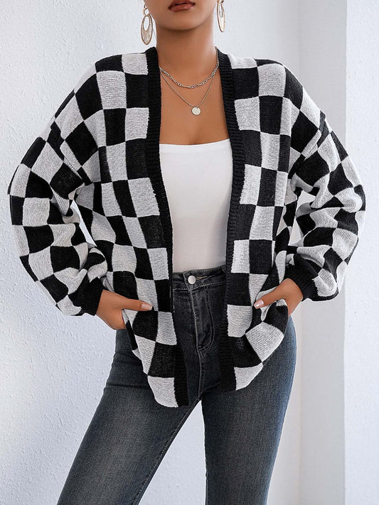 Open Front Checkered Cardigan