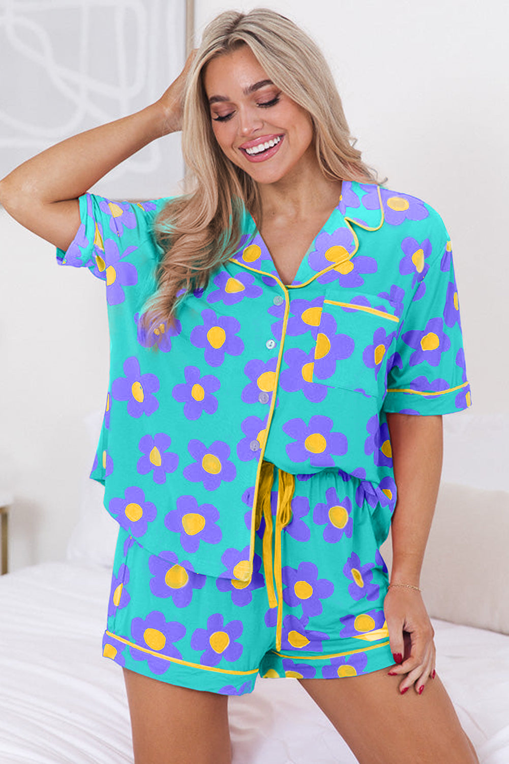 Flower Print Short Sleeve Pajamas Set (S-2XL)