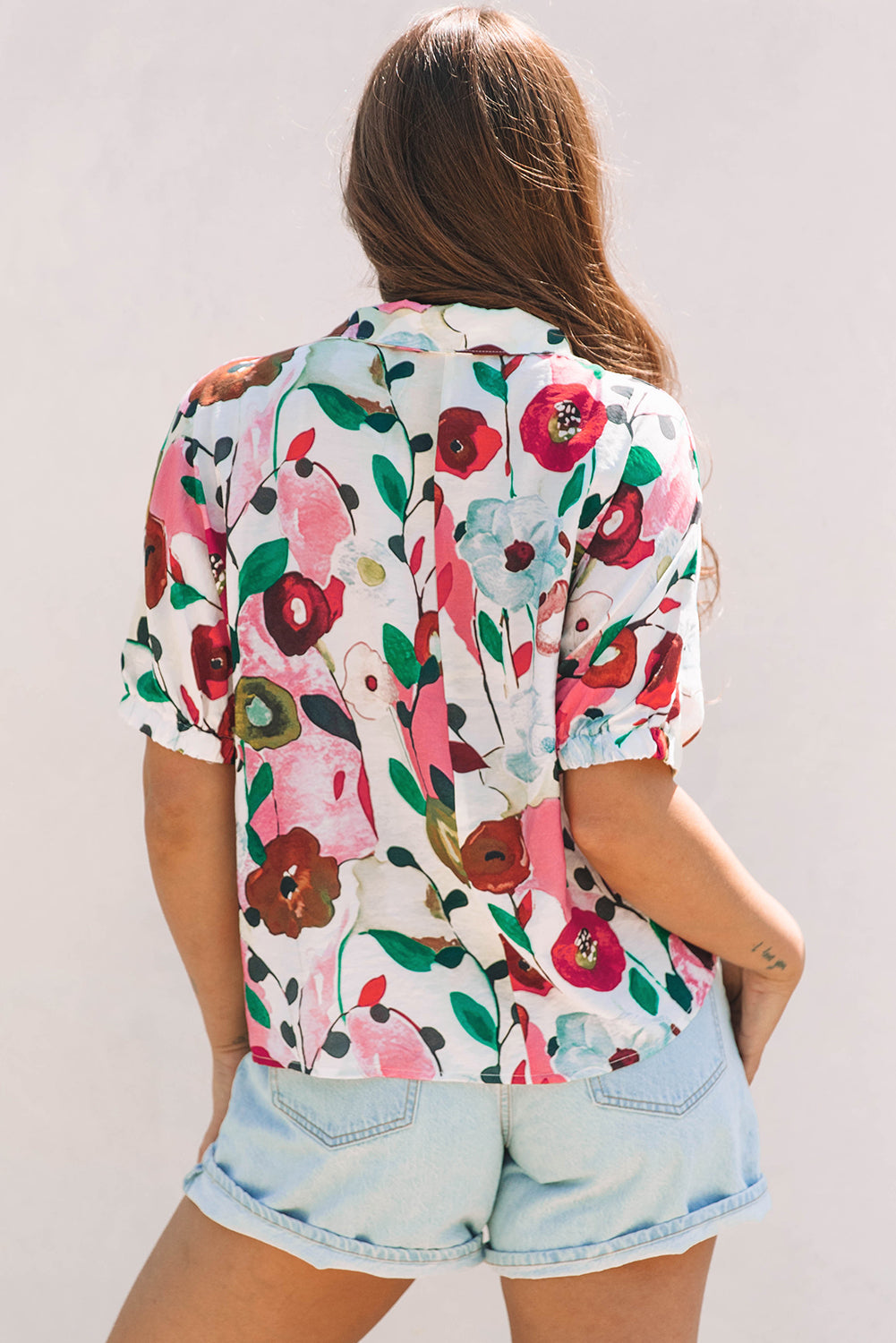 Peacock Blue Floral Print Slit V Neck Short Sleeve Blouse
