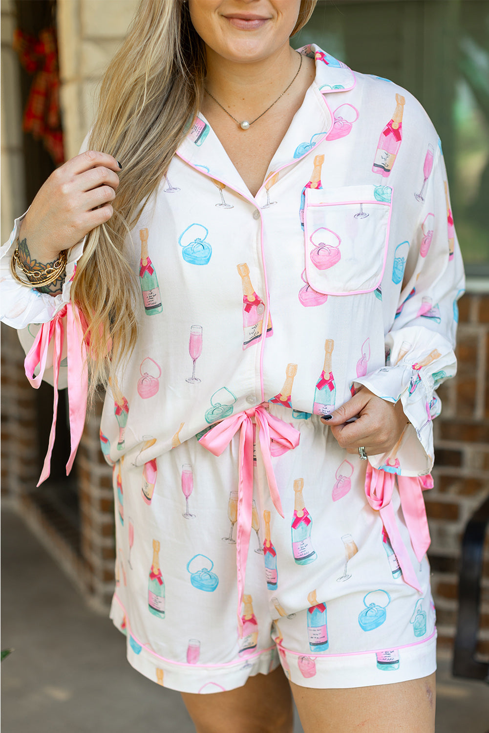 White Wine Glass Print Bow Knot Pajama Set (Plus)