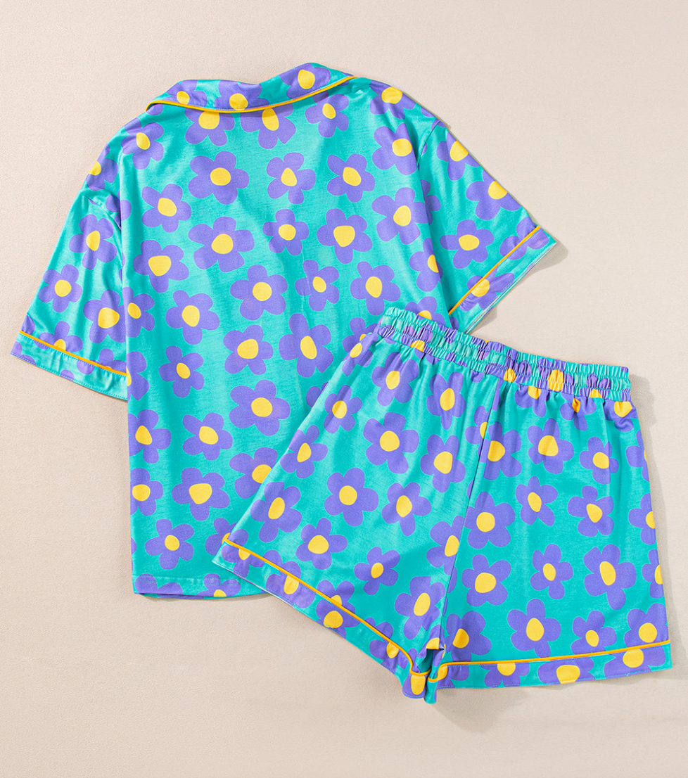 Flower Print Short Sleeve Pajamas Set (S-2XL)