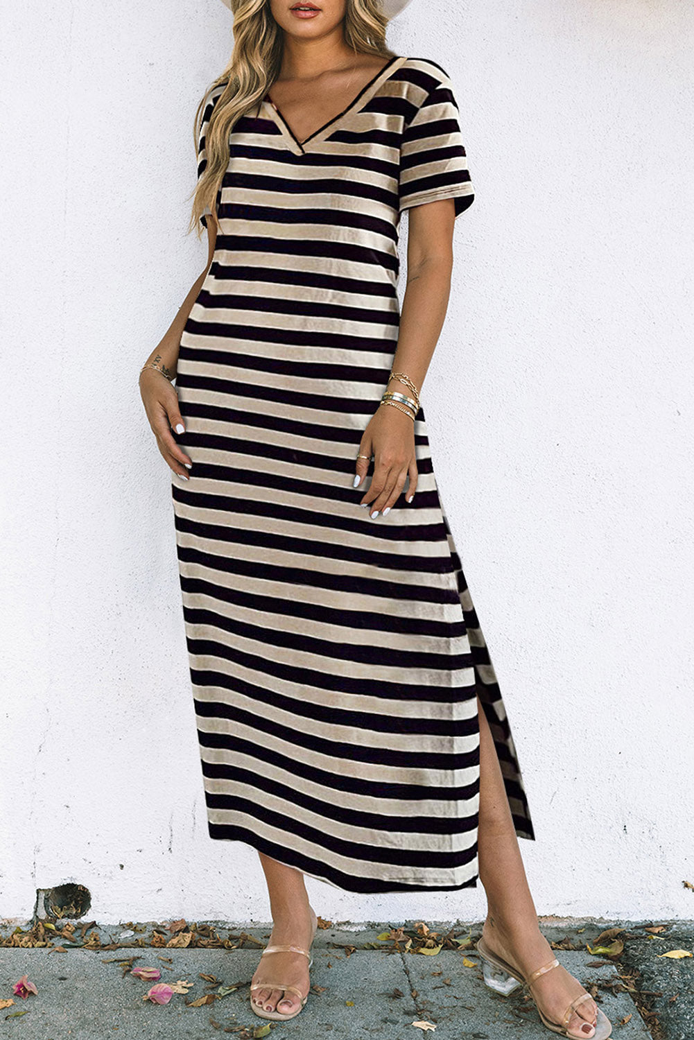 Striped Print V Neck Maxi Dress with Side Splits (Black/Blue)