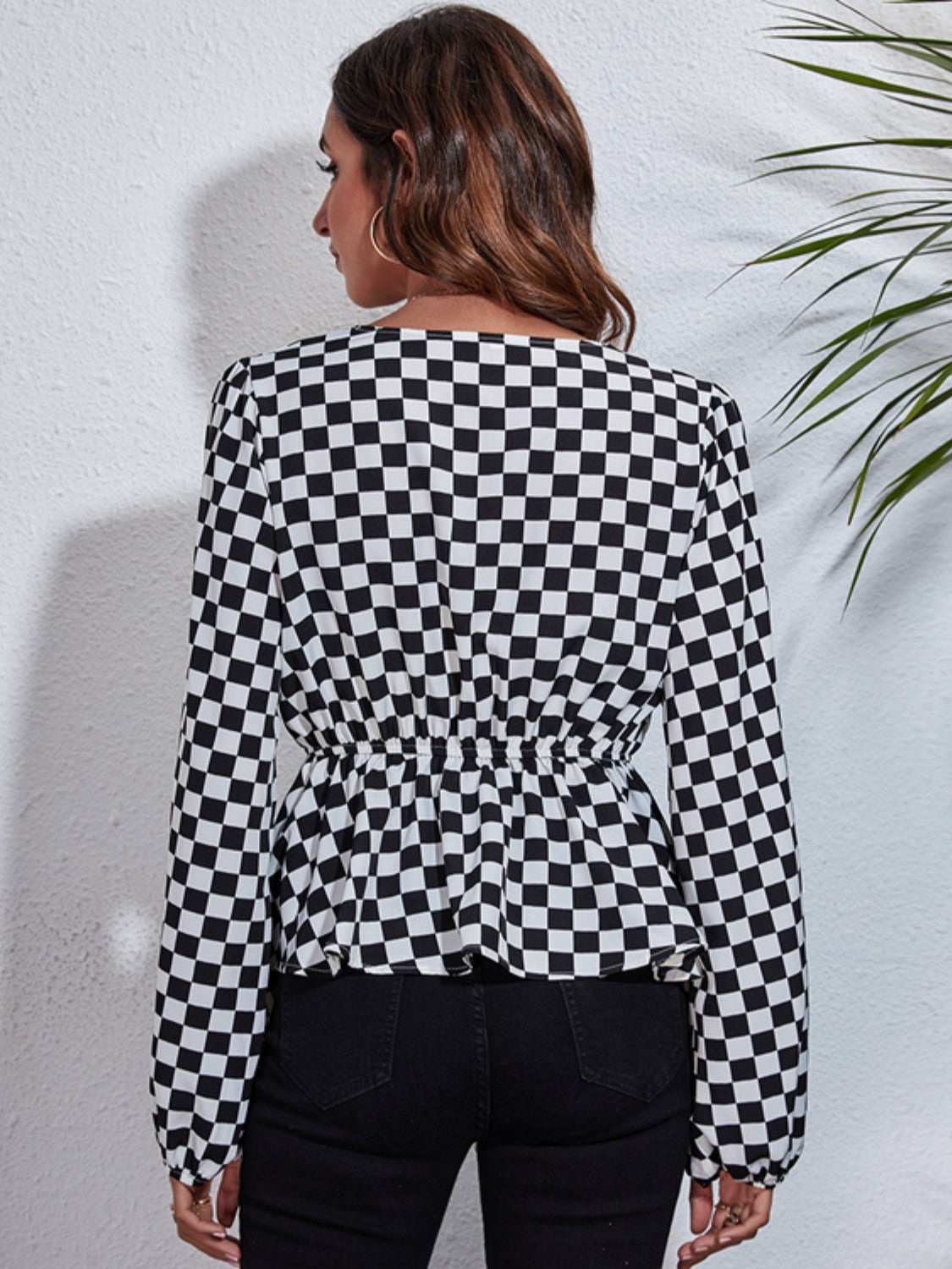 Checkered Balloon Sleeved Peplum Blouse