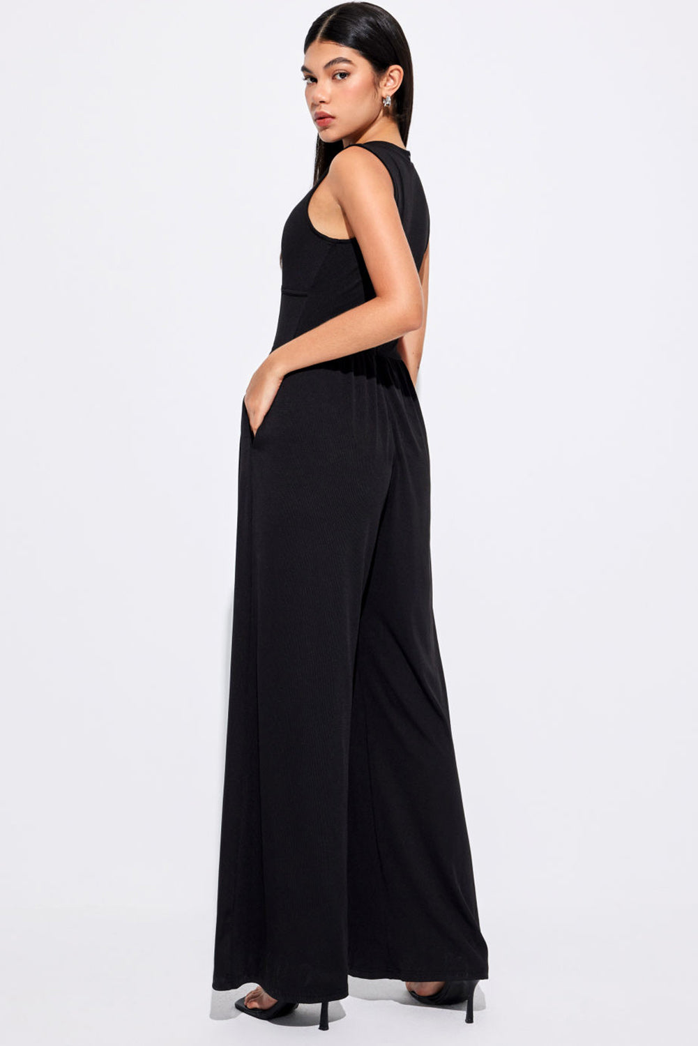 A-line Cinched Waist Sleeveless Wide Leg Jumpsuit